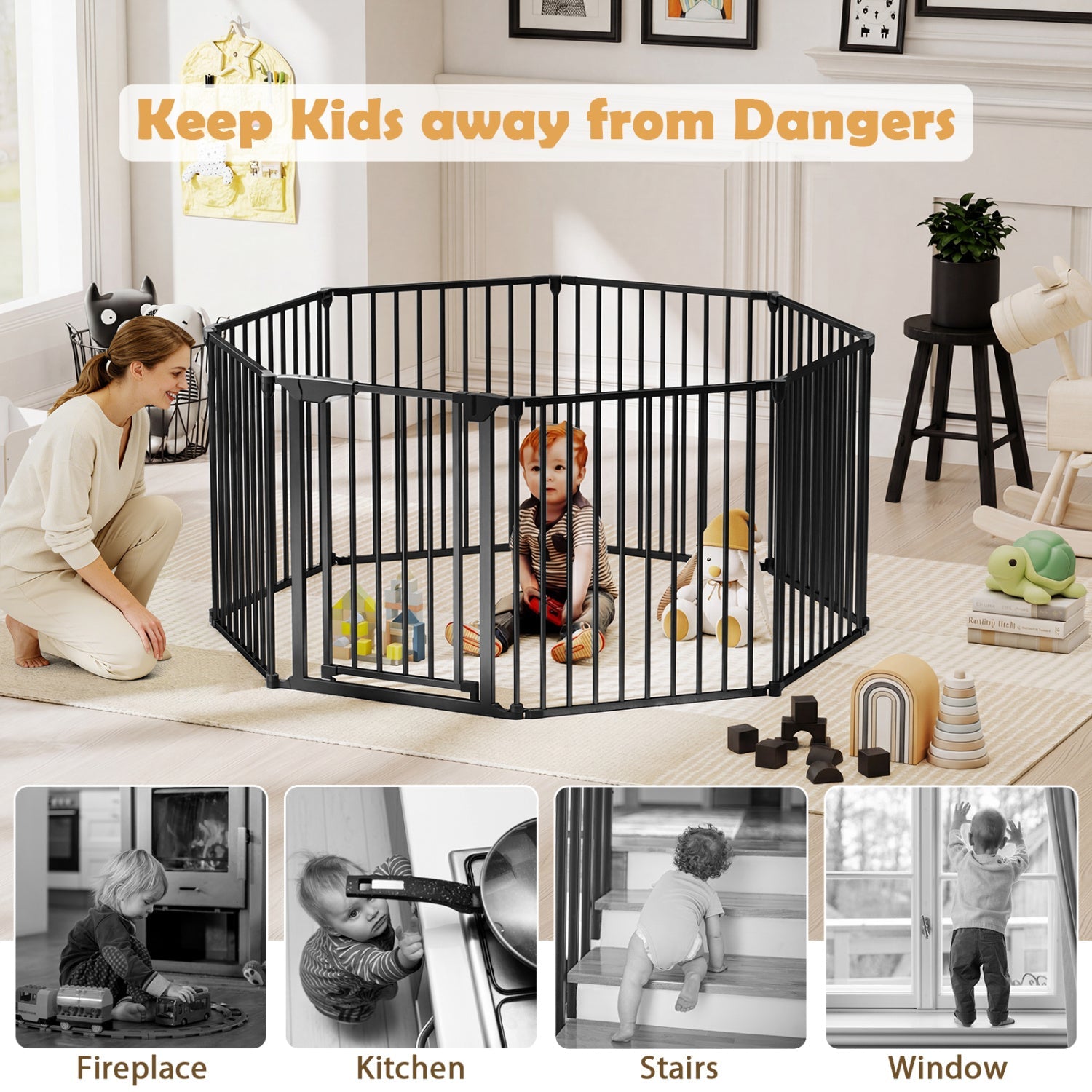 8-Panel Extra Wide Baby Gate Adjustable Pet Safety Fence with Auto-close Door