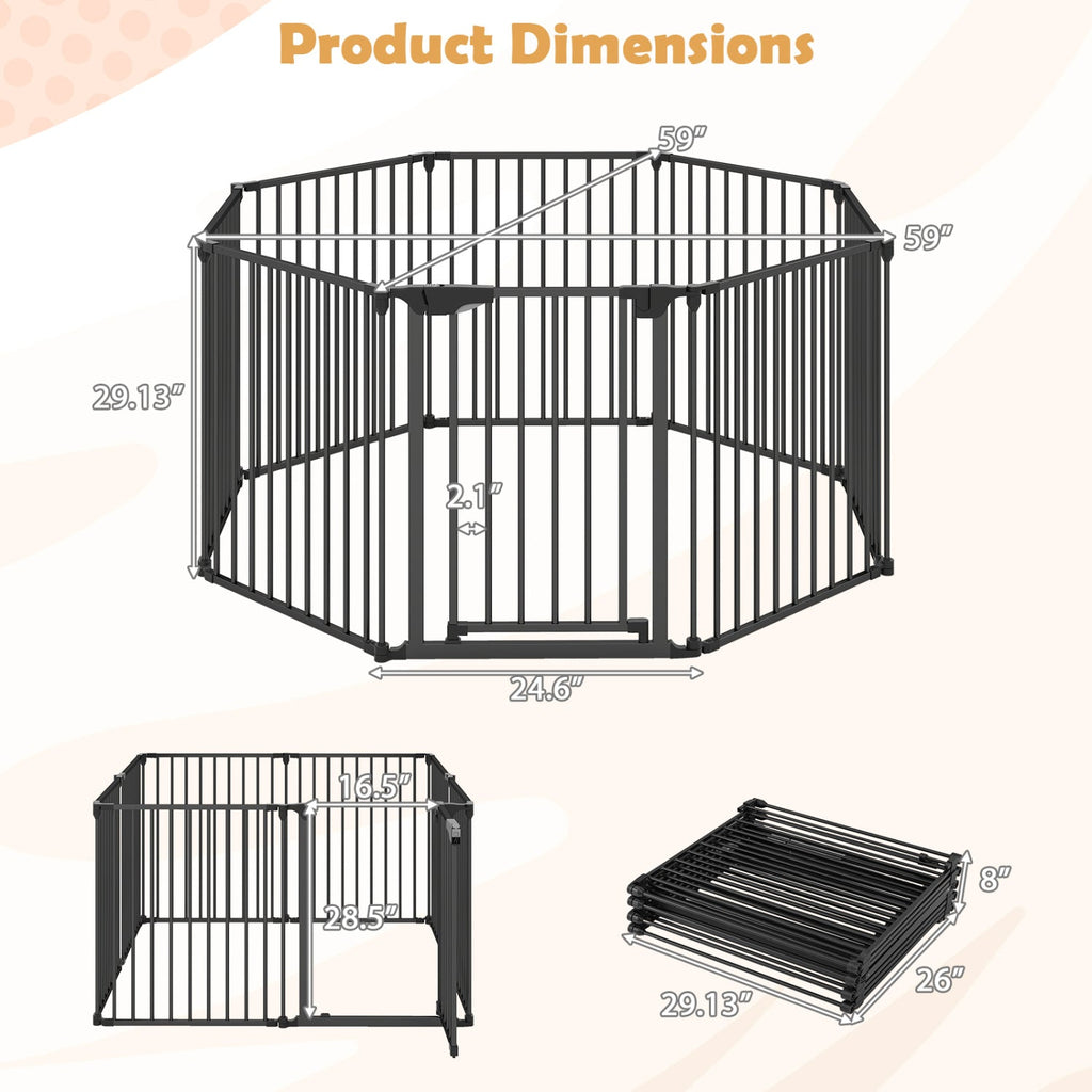 8-Panel Extra Wide Baby Gate Adjustable Pet Safety Fence with Auto-close Door