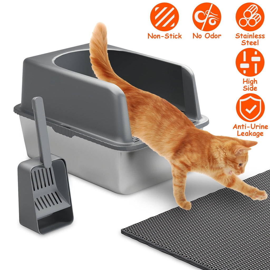 Enclosed Stainless Steel Cat Litter Box with Lid - 20L