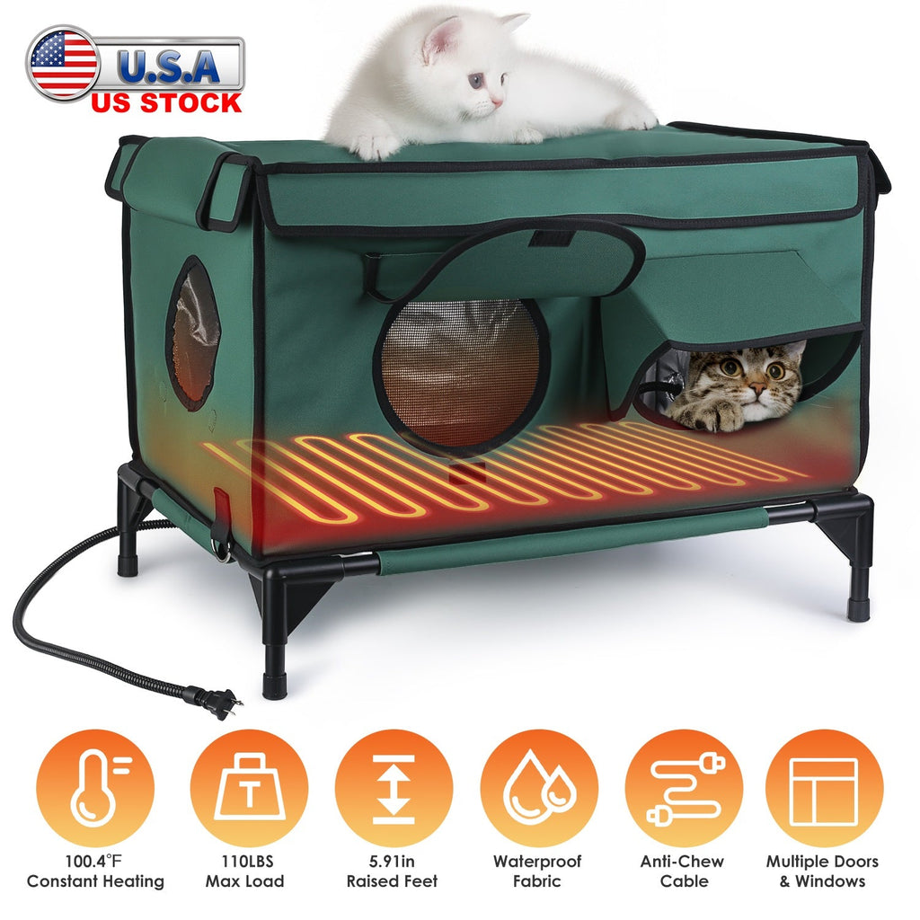 Waterproof Heated Cat House Outdoor Weatherproof Insulated Kitty Shelter Feral Cat Heating Bed with Heating Pad Anti-Chew Cord 2 Doors 3 Windows for I