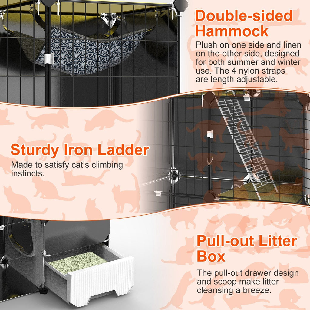 3-Tier Indoor Cat Cage with Litter Box, Hammock & Ladder, Detachable Metal Wire Cat Kennel Enclosure for 1–2 Kittens