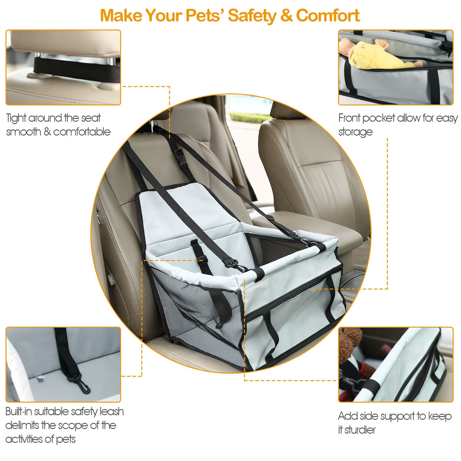 Dog Booster Car Seat Foldable Dog Booster Seat Pet Travel Carrier w/ Clip-on Safety Leash Zipper Storage Pocket for Small Medium Pets Up to 20Lbs