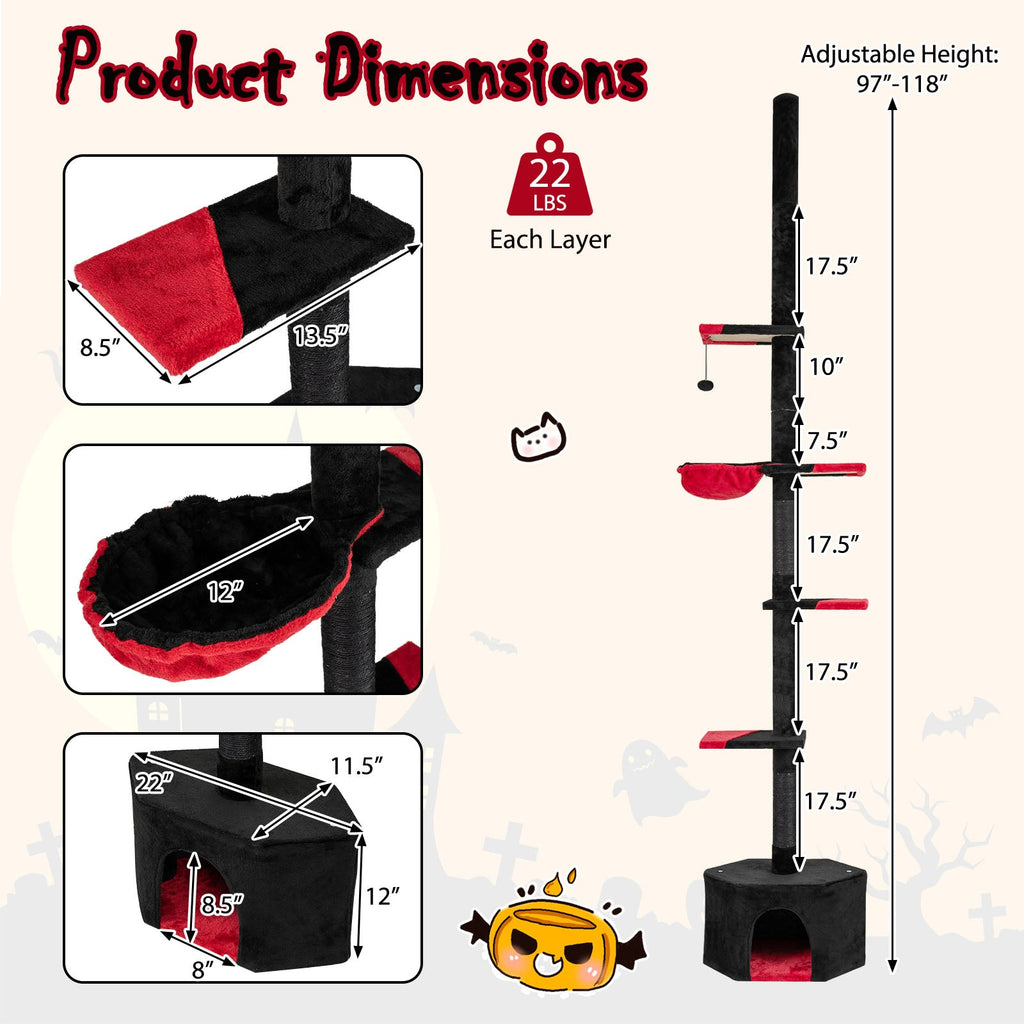 Floor to Ceiling Gothic Cat Tree 97-118 Inches Adjustable 5-Tier with Condo-Black Default Title