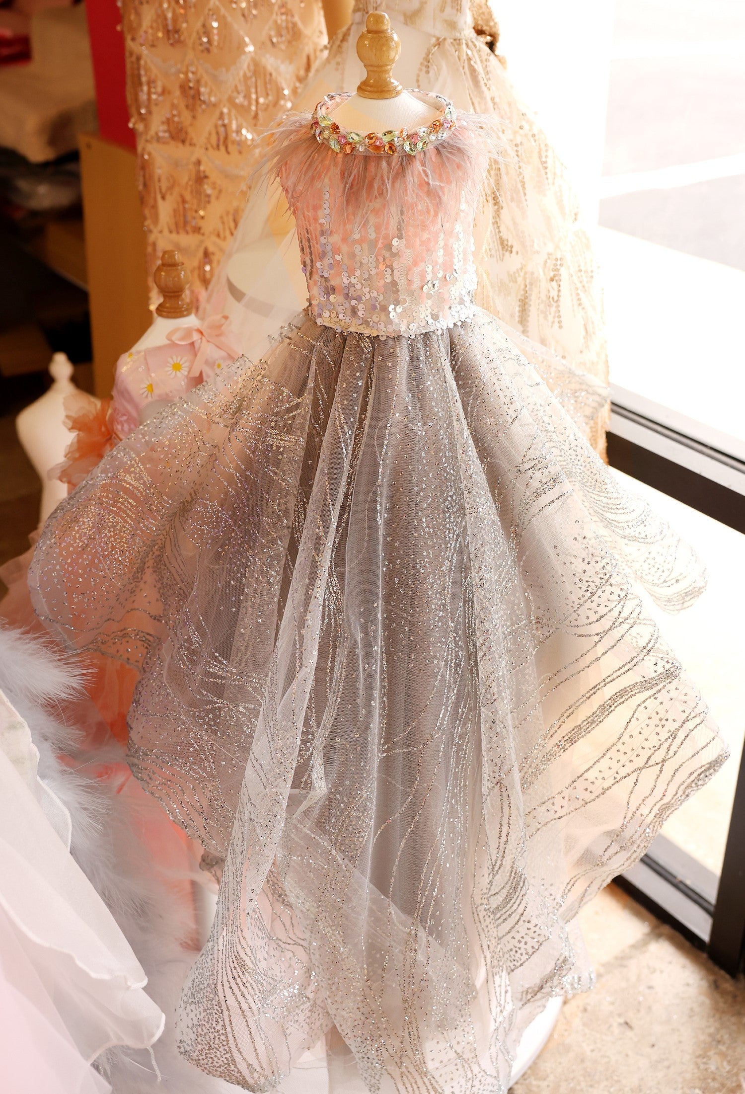 Luxury Sequin Pet Long Train Dress with Feather Collar Princess Dog Gown