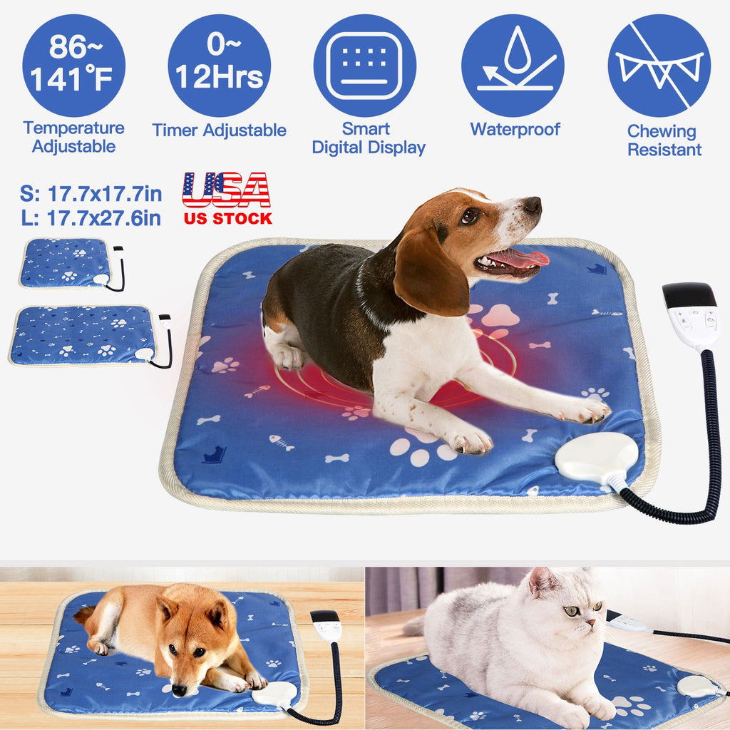 Pet Heating Pad Electric Dog Cat Heating Mat Waterproof Warming Blanket with 86-141 Adjustable Temperature 0-12 Timer Digital Display Chewing-resista
