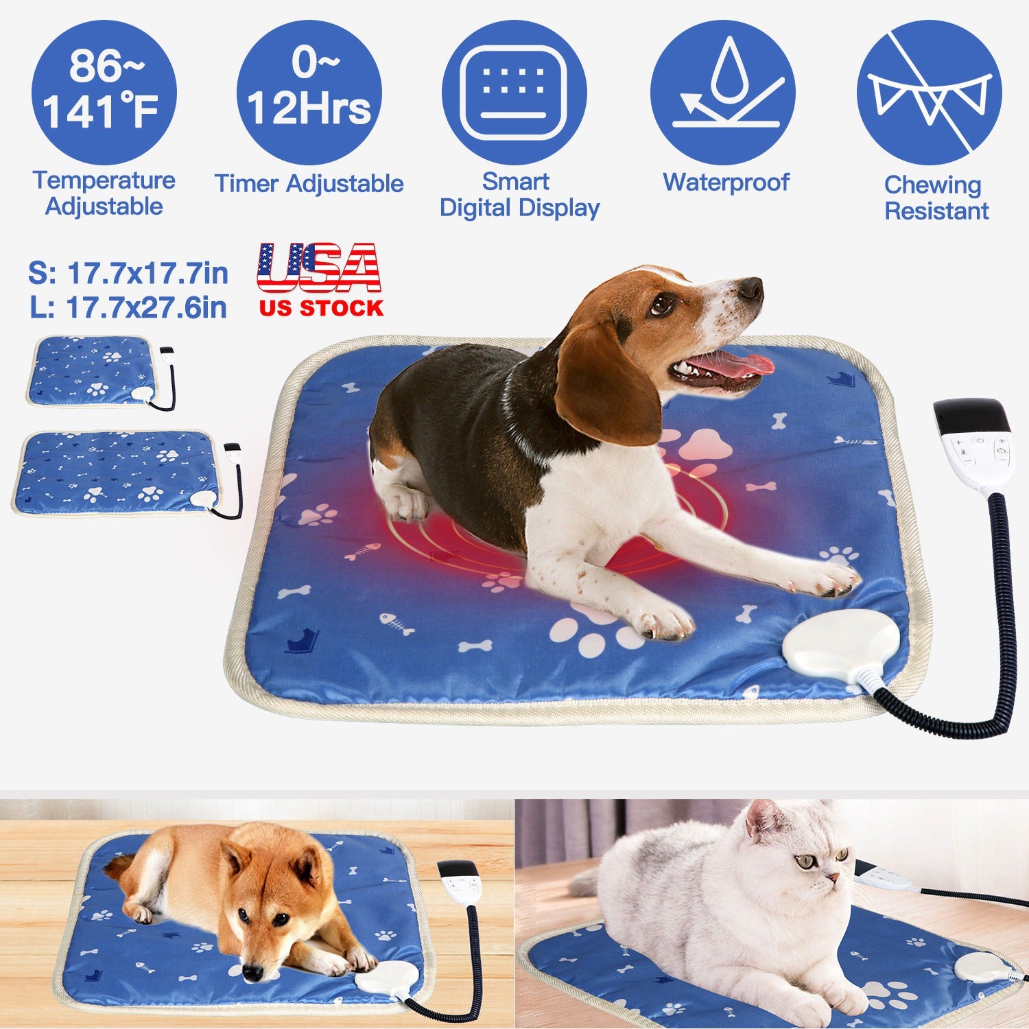 Pet Heating Pad Electric Dog Cat Heating Mat Waterproof Warming Blanket with 86-141 Adjustable Temperature 0-12 Timer Digital Display Chewing-resista