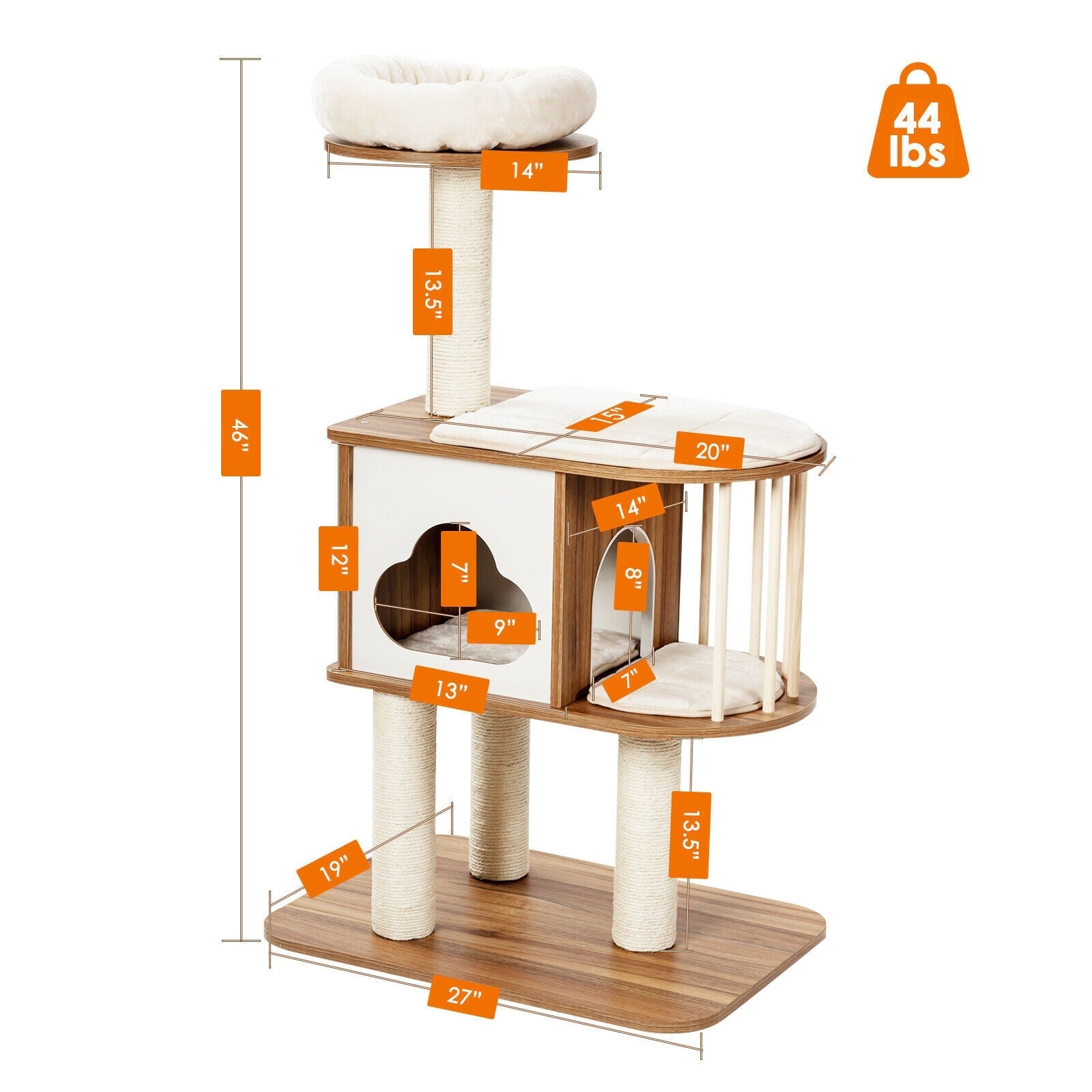 46 Inch Wooden Cat Activity Tree with Platform and Cushions