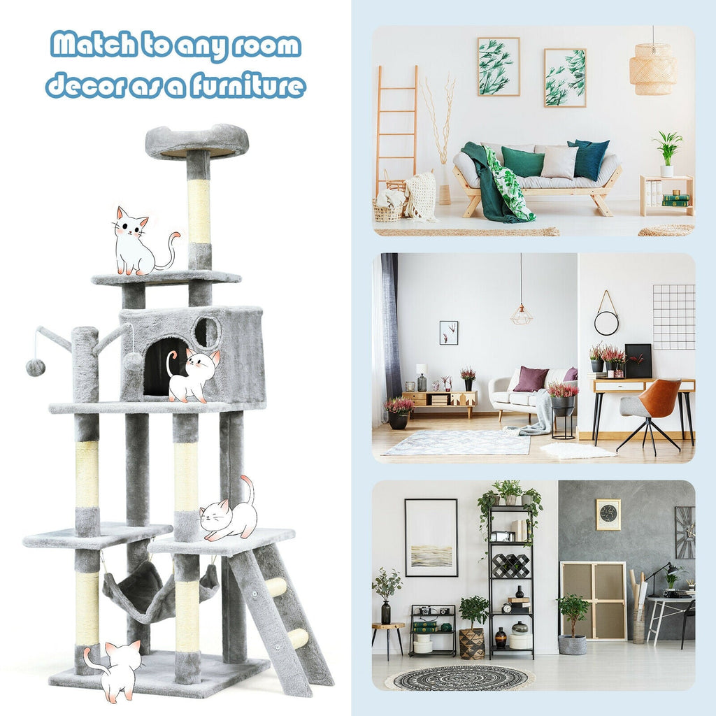 66 Inch Cat Tree Condo Kitten Multi-Level Activity Center-Gray