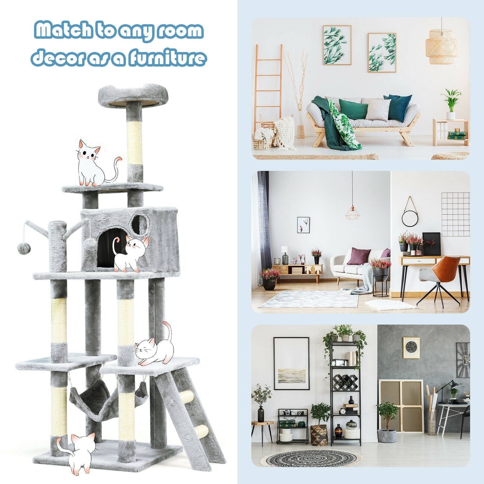 66 Inch Cat Tree Condo Kitten Multi-Level Activity Center-Gray
