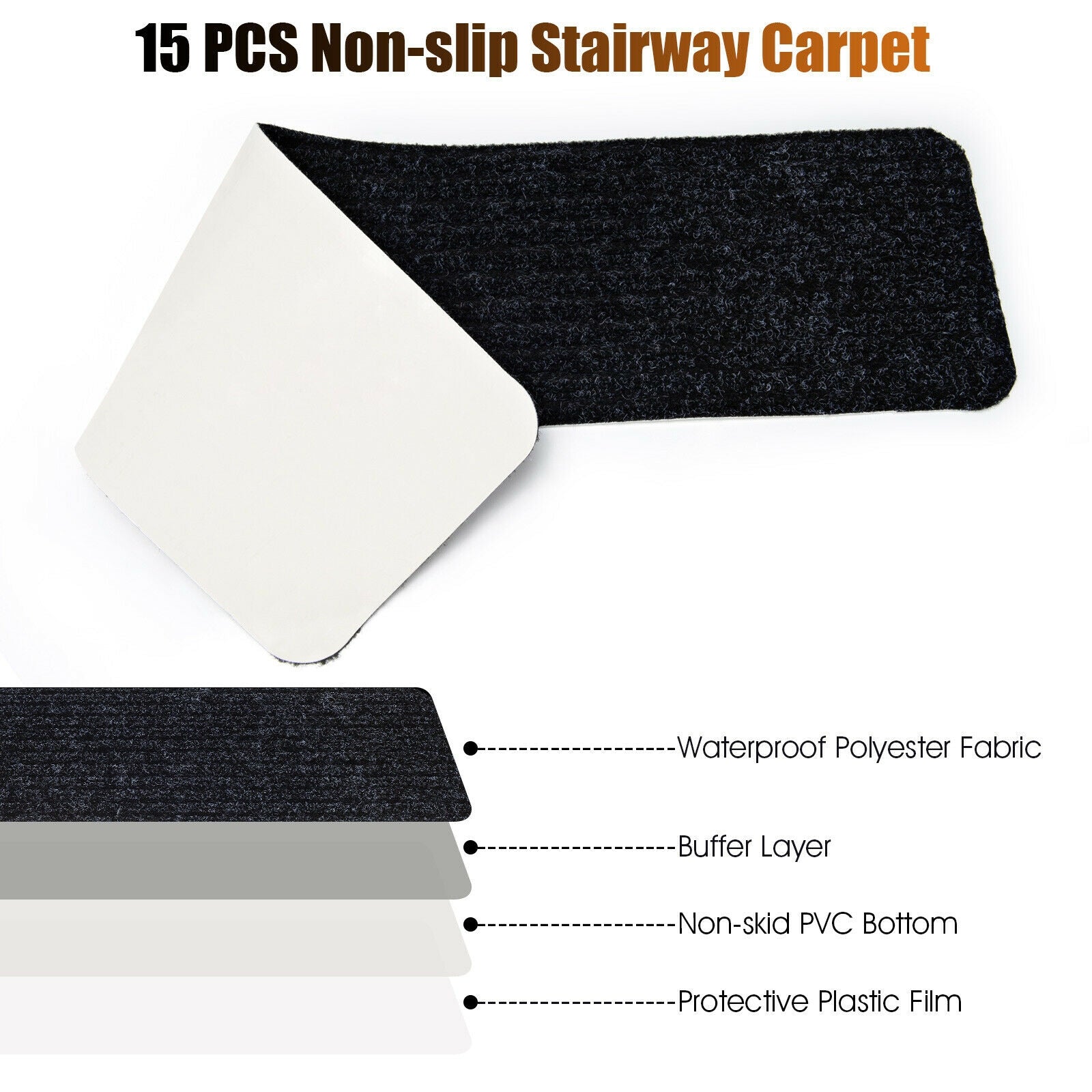 15 Pieces 30 x 8 Inch Slip Resistant Soft Stair Treads Carpet