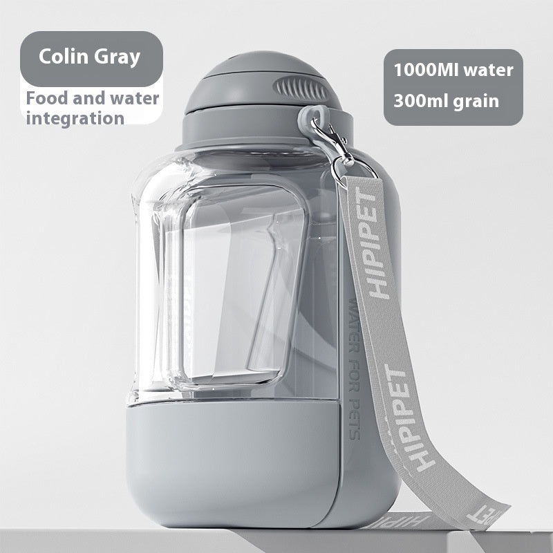 2 In 1 Dog Large Capacity Pets Out Drinking Pot Cat Water Dispenser Portable Water Cup Water And Food Integrated Bowl Pet Products Grey 1000ml 300g