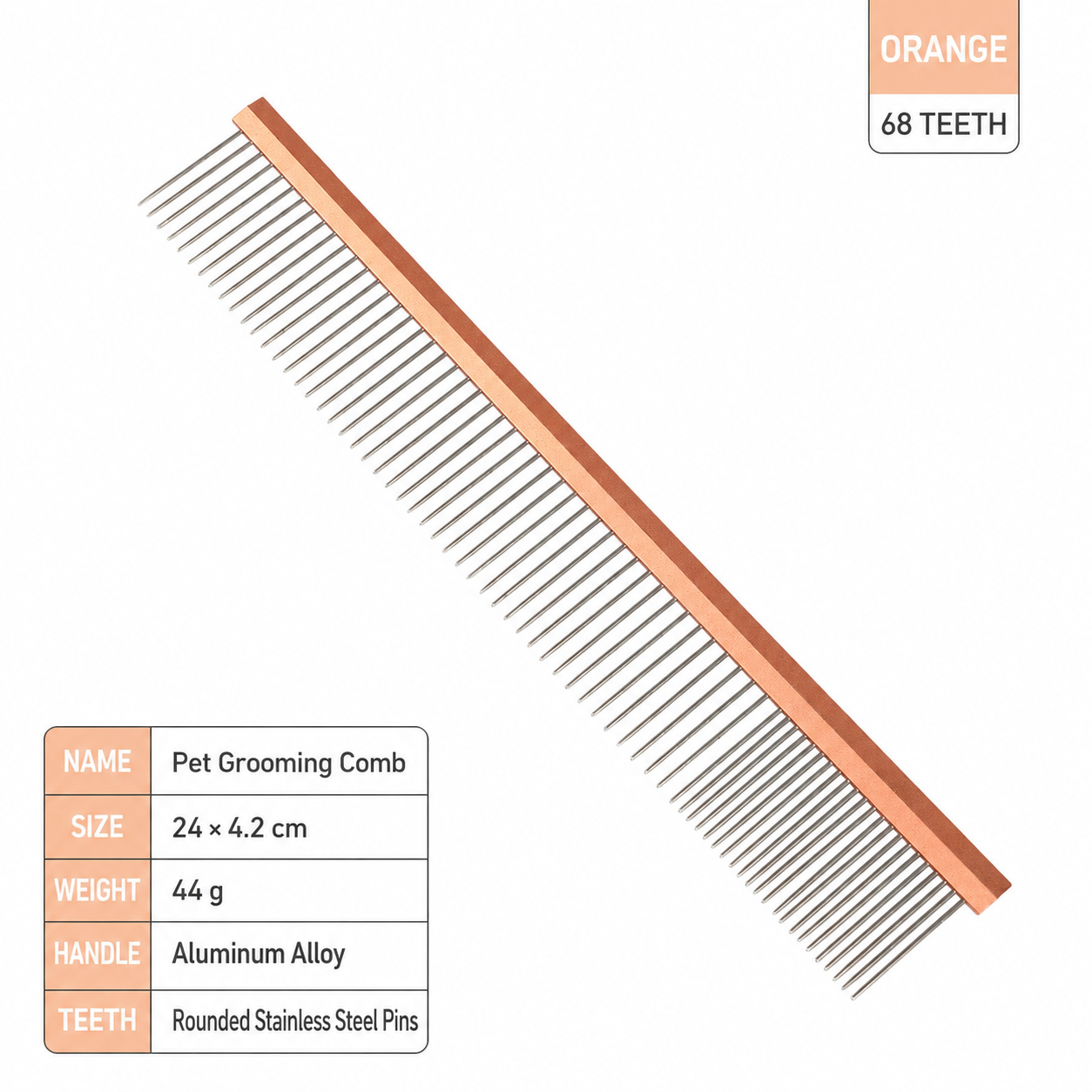 Stainless Steel Pet Grooming Comb 4 Sizes Orange 68 Teeth