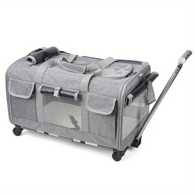 Extra Large Foldable Pet Trolley Carrier - Detachable Dog & Cat Travel Bag, 44 x 60 x 39 cm (17.3 x 23.6 x 15.4 in) Grey