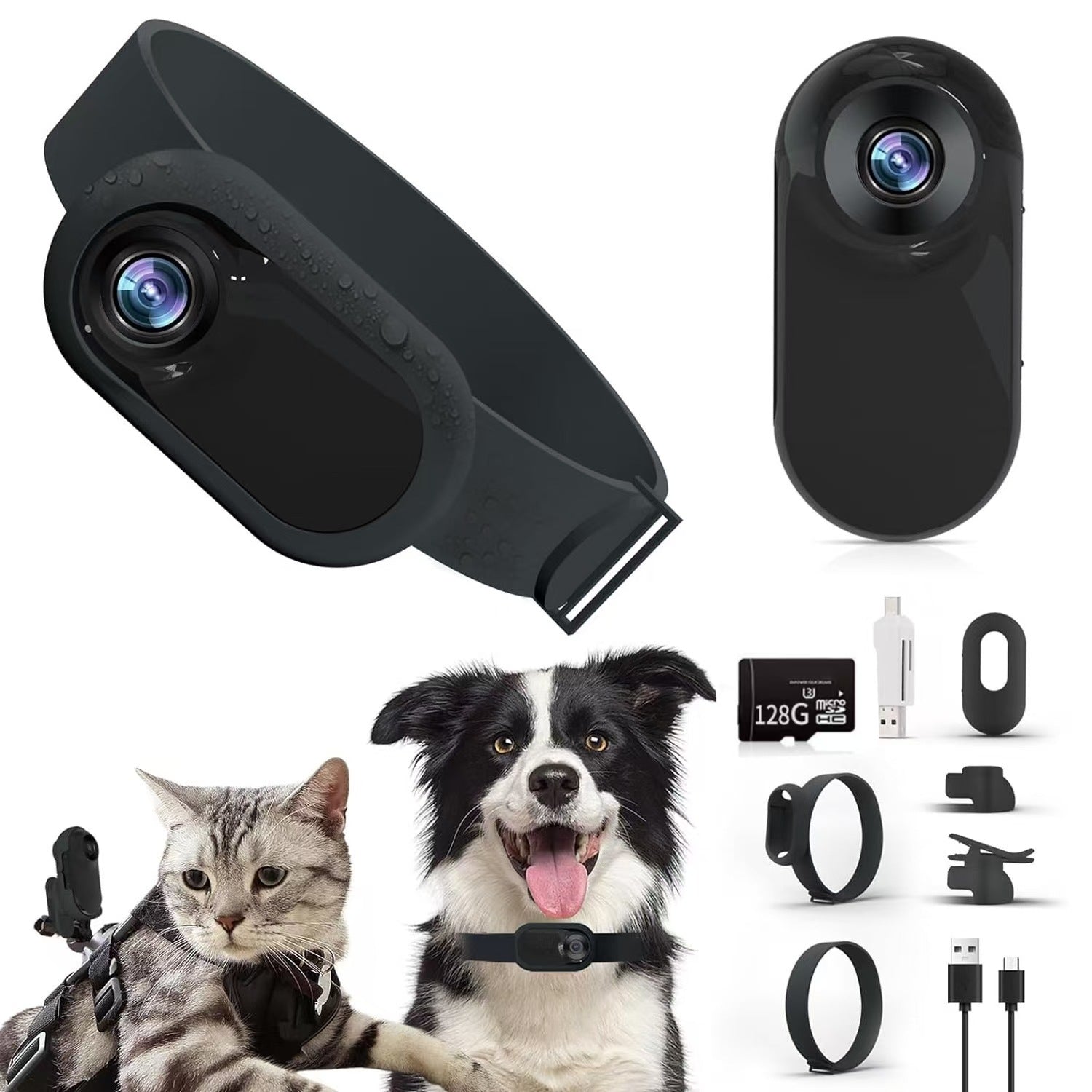 Portable Camera Magnetic Collar Clip Thumb Sports Camera HD Outdoor Pet Camera Portable Cycling Recorder Black+128GB+silicone tie