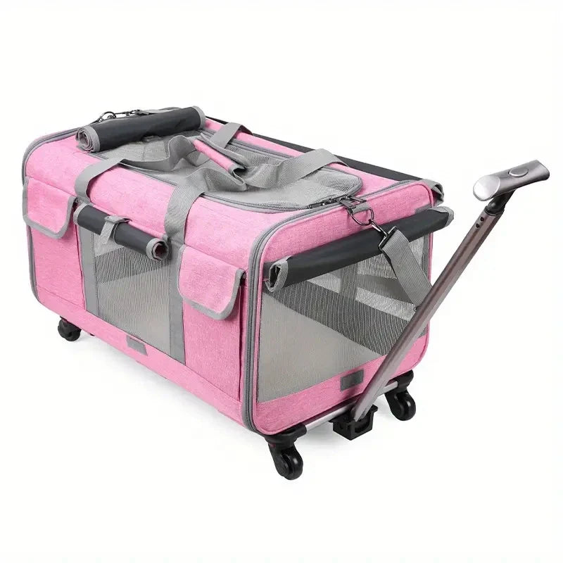 Extra Large Foldable Pet Trolley Carrier - Detachable Dog & Cat Travel Bag, 44 x 60 x 39 cm (17.3 x 23.6 x 15.4 in) Pink