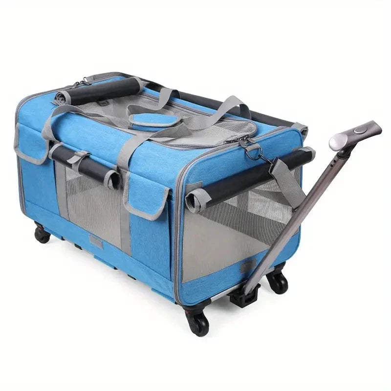 Extra Large Foldable Pet Trolley Carrier - Detachable Dog & Cat Travel Bag, 44 x 60 x 39 cm (17.3 x 23.6 x 15.4 in) Blue