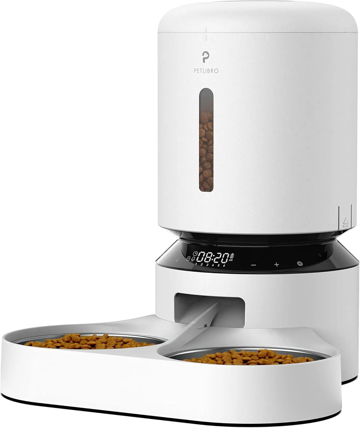 Automatic Cat Feeder with Timer, 6 Meals/Day, Freshness Lock & Low Food Sensor. Smart Dry Food Dispenser for Cats & Dogs White 5L -Basic Dual Tray