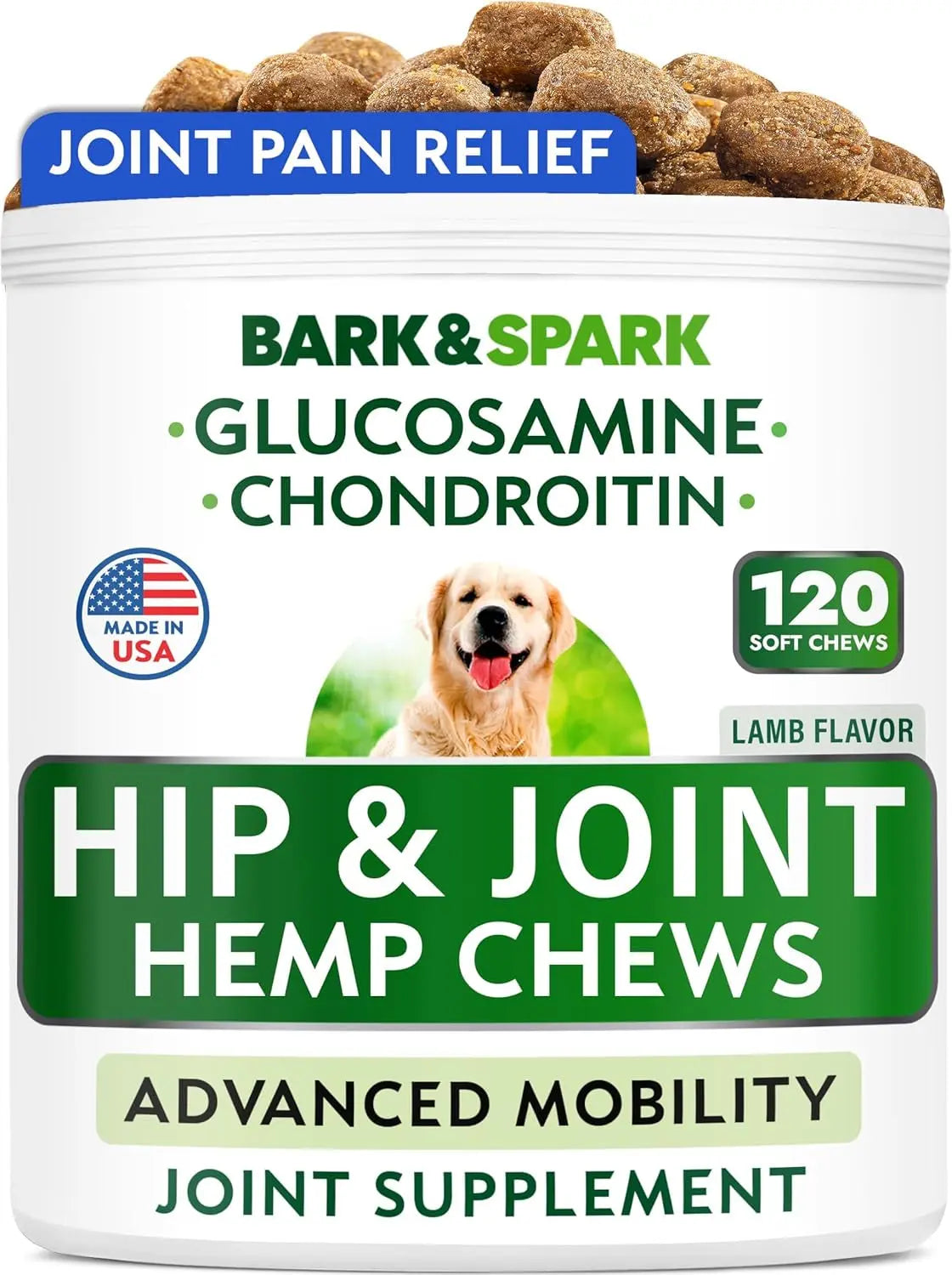BARK&SPARK Liquid or Chews Glucosamine Joint Supplement for Dogs Mobility Lamb 120 Treats
