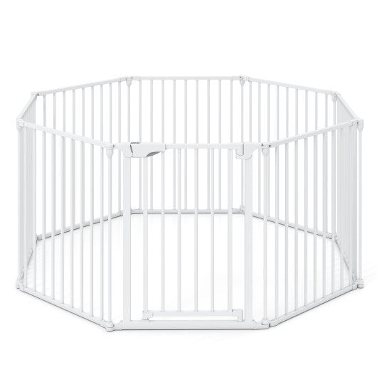 8-Panel Extra Wide Baby Gate Adjustable Pet Safety Fence with Auto-close Door-White