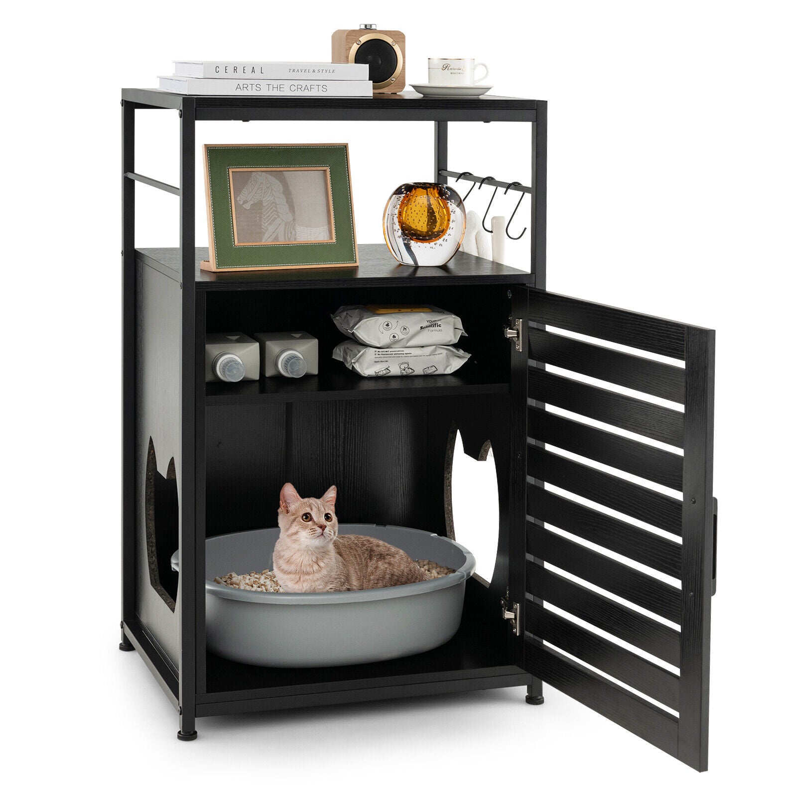 Cat Litter Box Enclosure with Louvered Door and 3-Tier Shelf Black