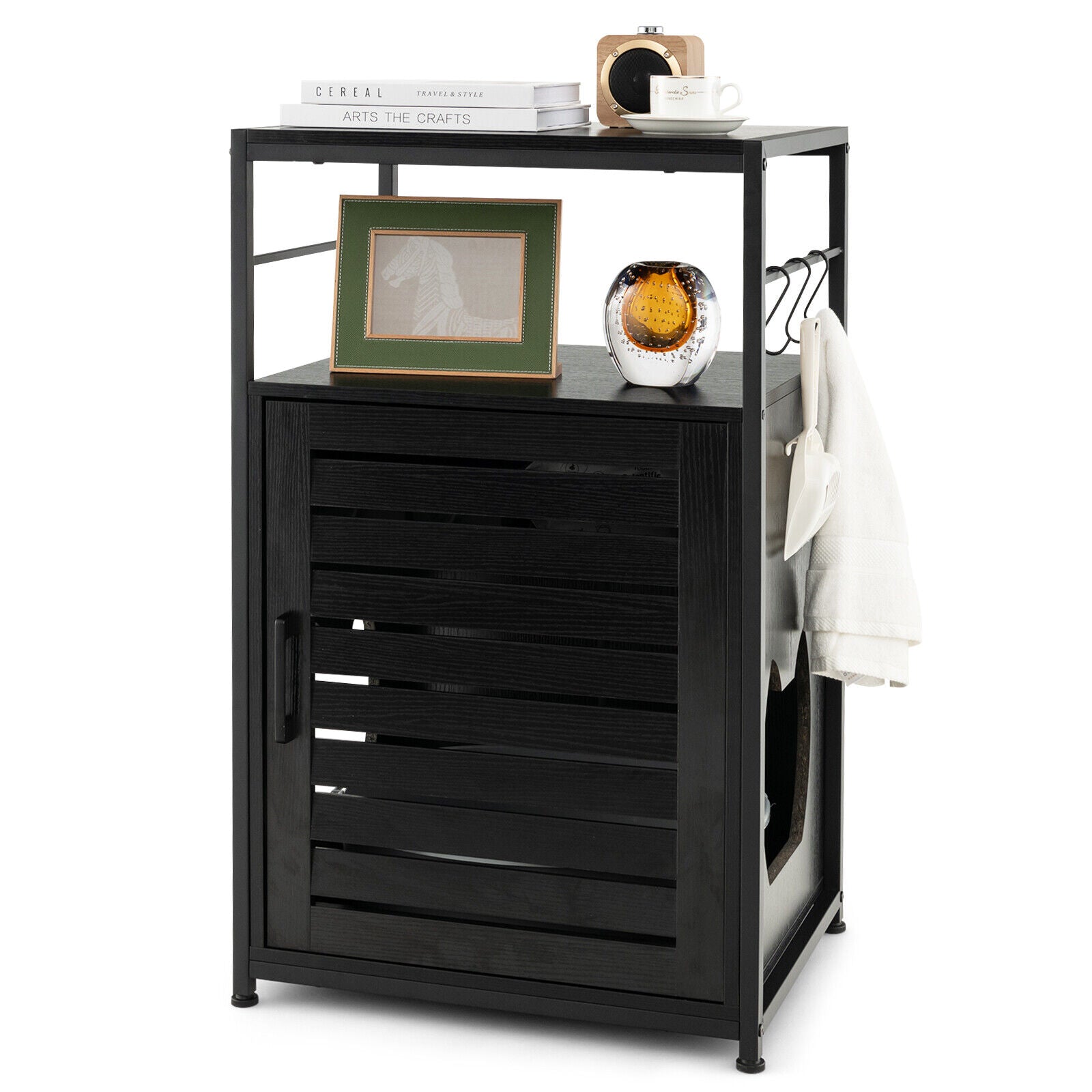 Cat Litter Box Enclosure with Louvered Door and 3-Tier Shelf