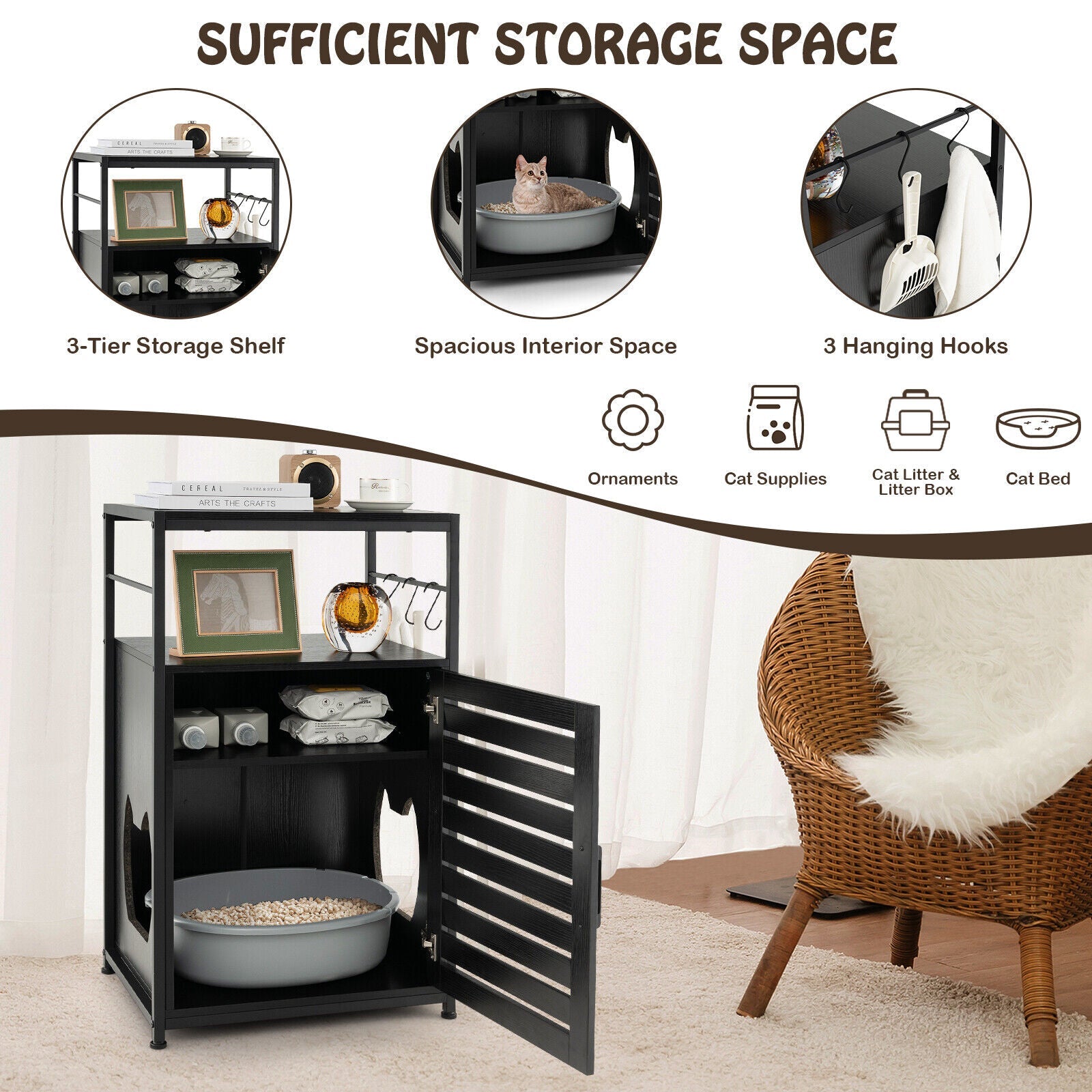 Cat Litter Box Enclosure with Louvered Door and 3-Tier Shelf