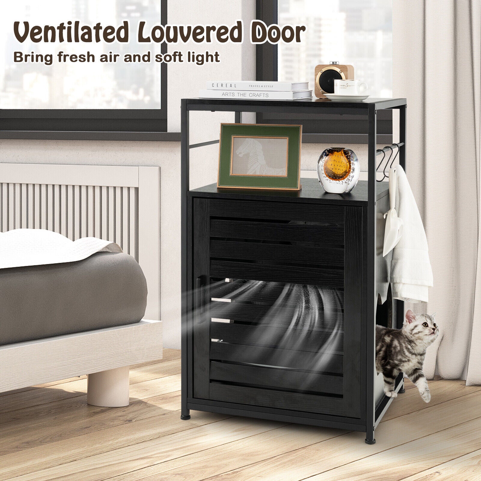Cat Litter Box Enclosure with Louvered Door and 3-Tier Shelf