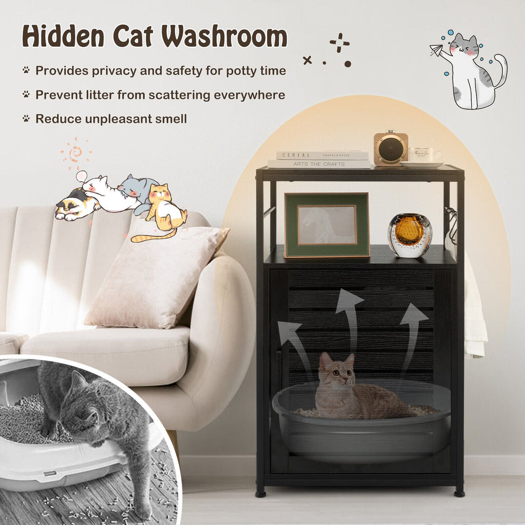 Cat Litter Box Enclosure with Louvered Door and 3-Tier Shelf