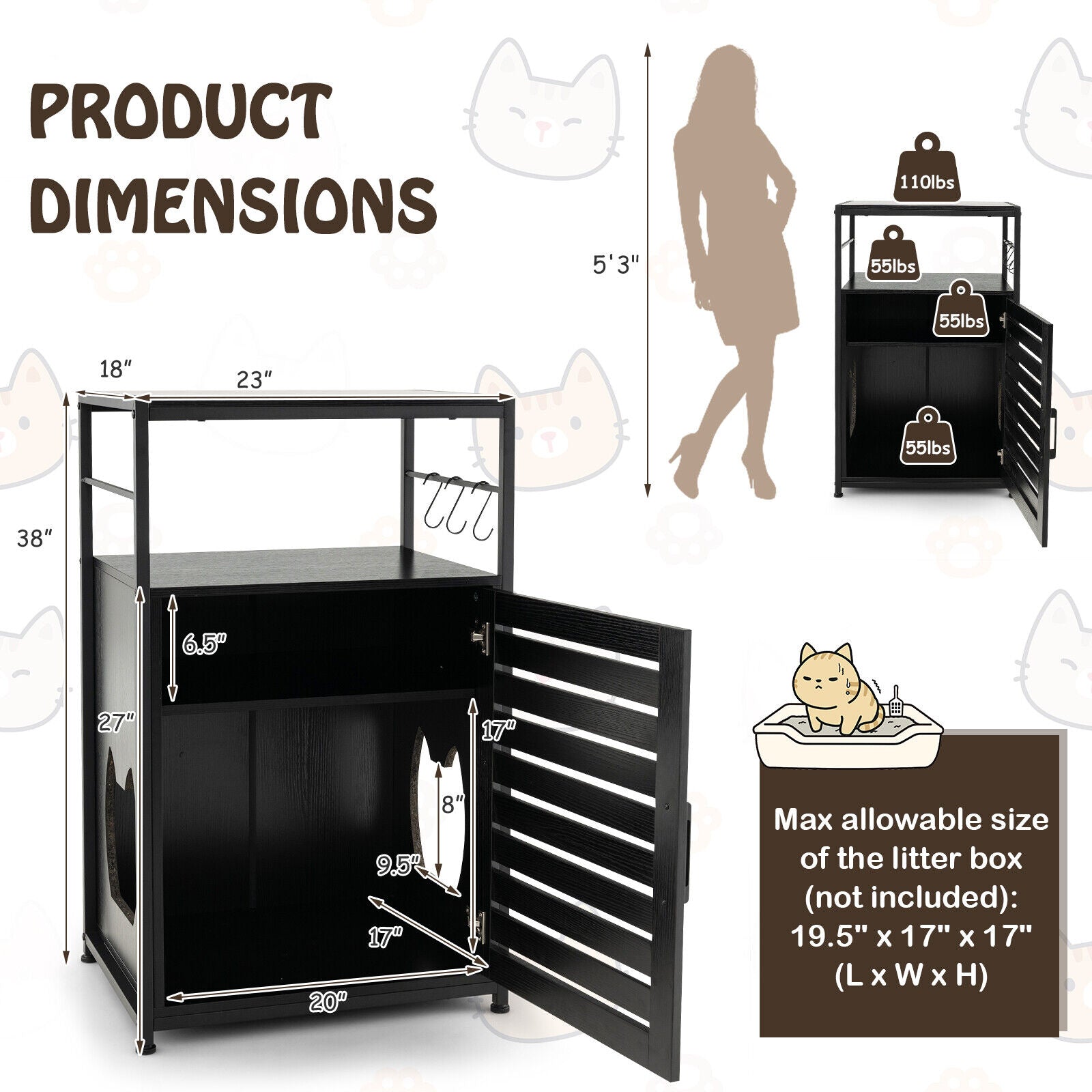 Cat Litter Box Enclosure with Louvered Door and 3-Tier Shelf