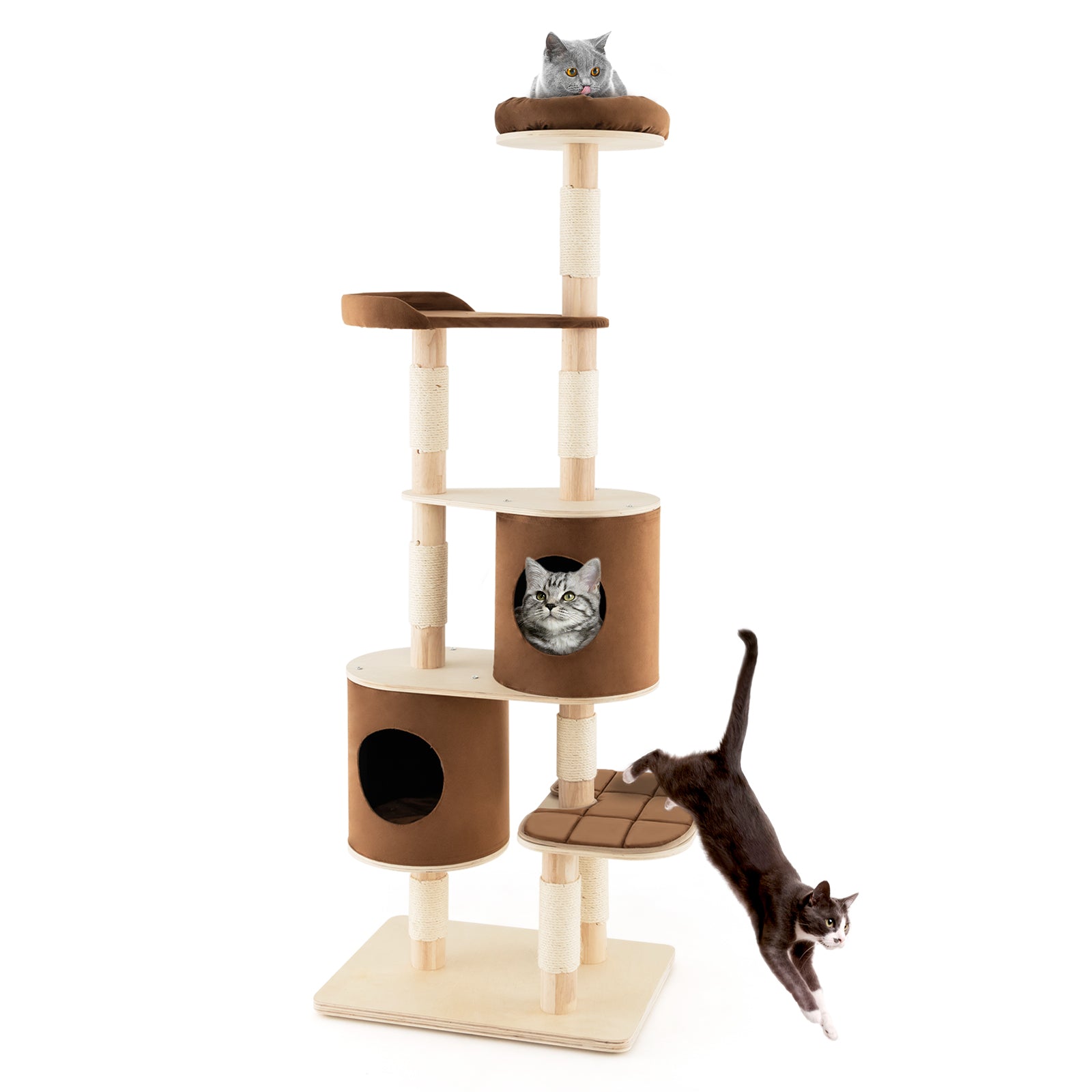6-Tier Wooden Cat Tree with 2 Removeable Condos Platforms and Perch Brown