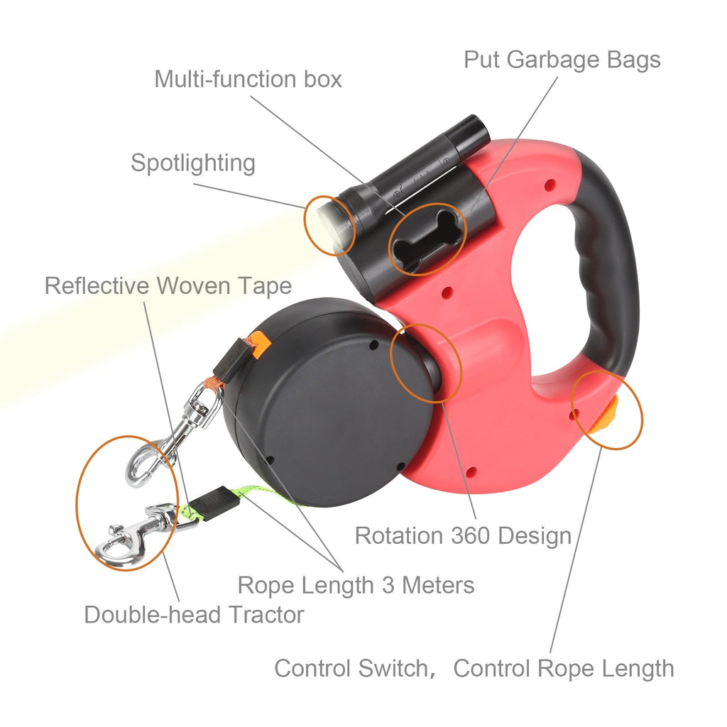 Retractable Dual Double Pet Rope Leash Tangle Free Walk For Two Dogs
