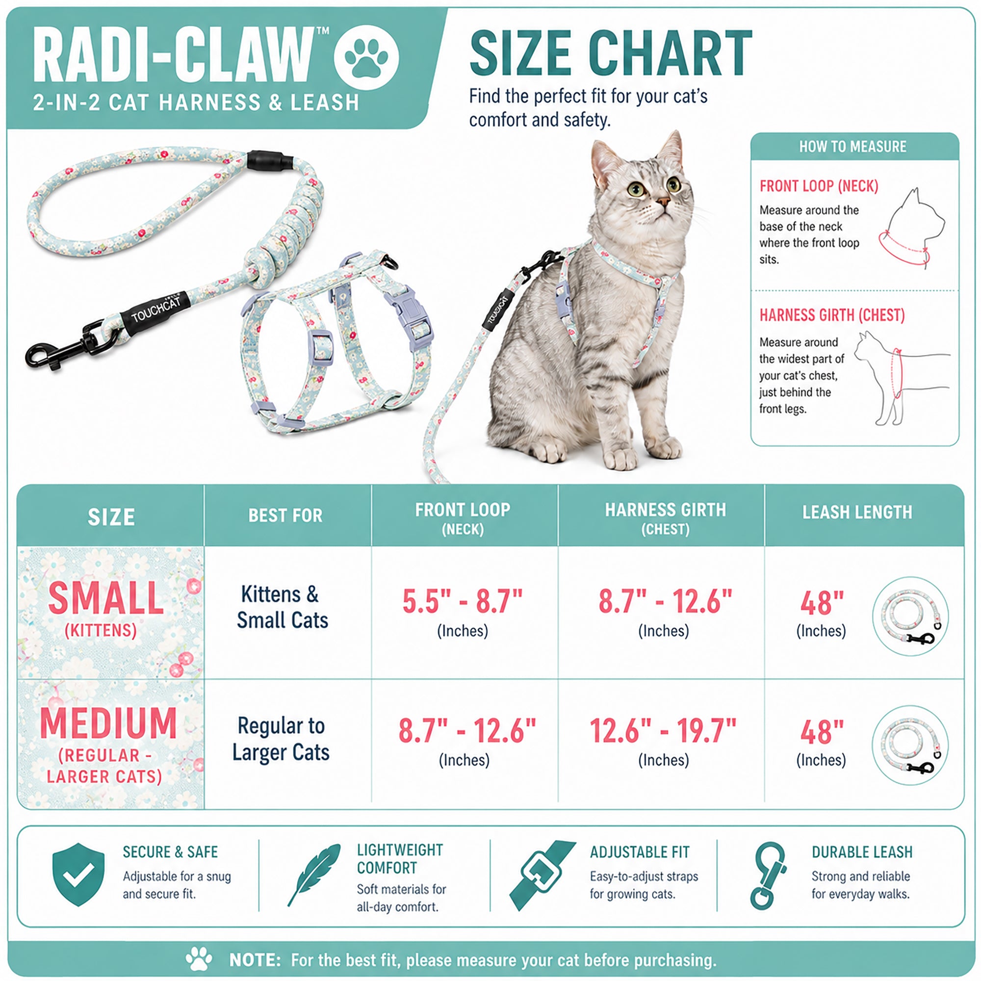 Touchcat 'Radi-Claw' Durable Cable Cat Harness and Leash Combo