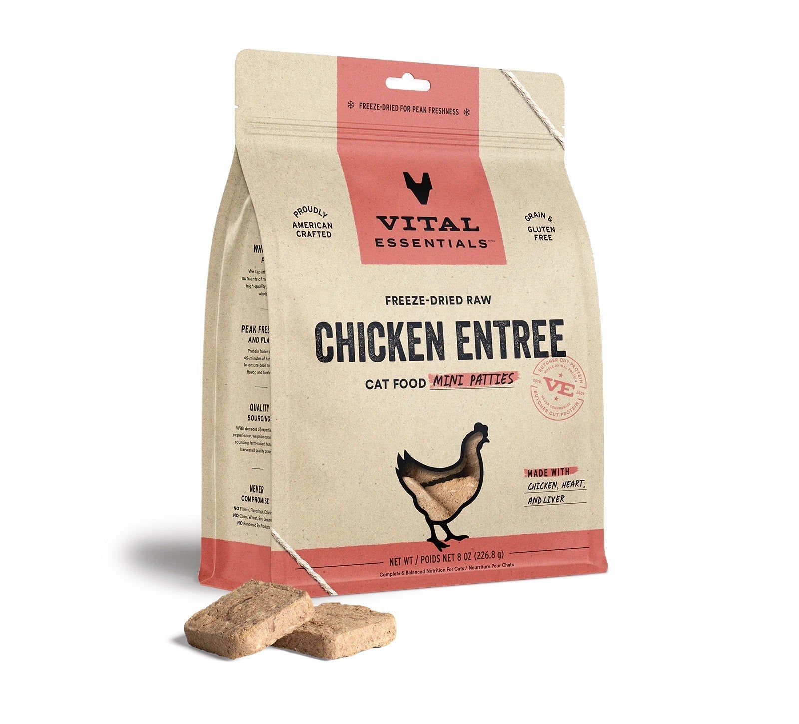 Chicken Mini Patties Cat Food by Vital Essentials -Freeze Dried 8 oz Bag