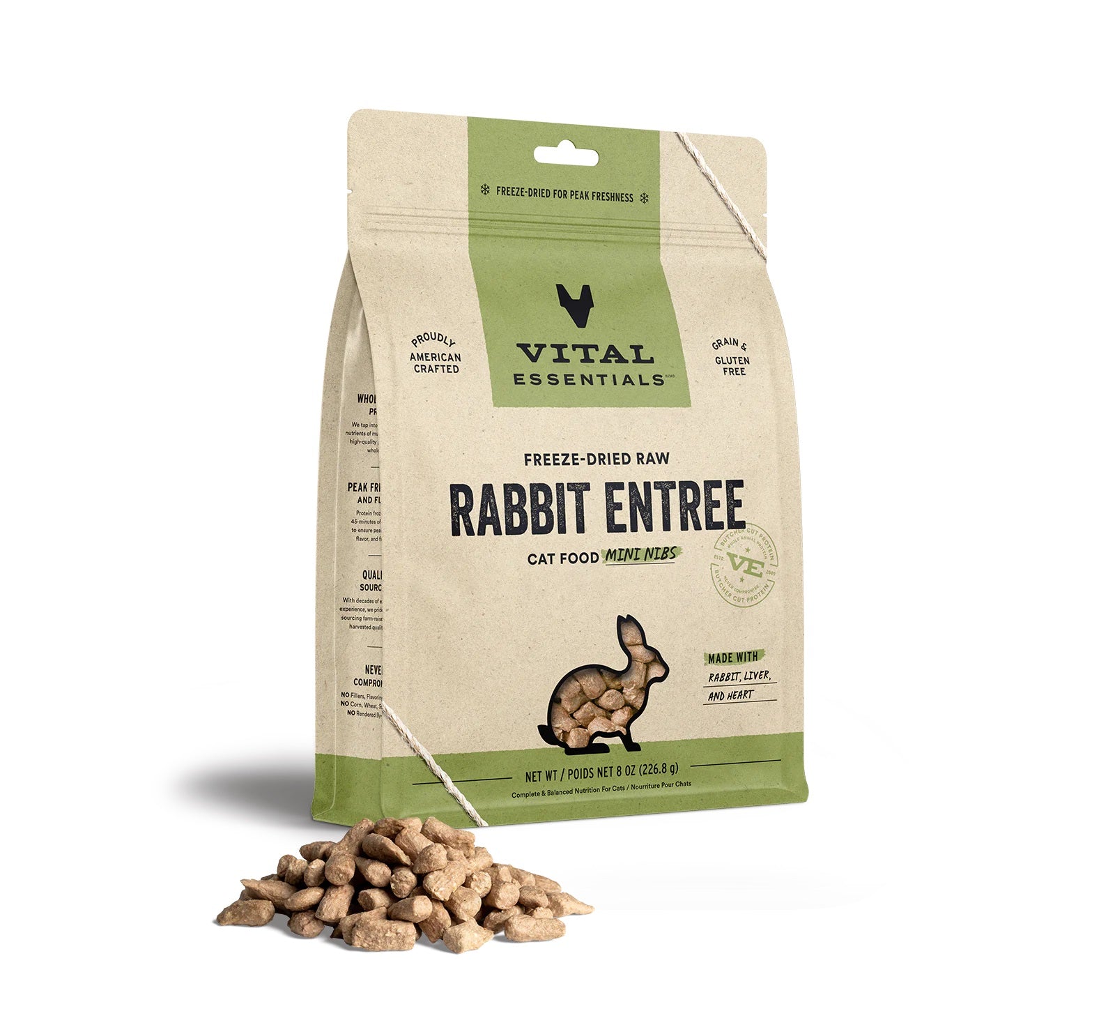 Rabbit Mini Nibs Cat Food by Vital Essentials -Freeze Dried 12 oz Bag