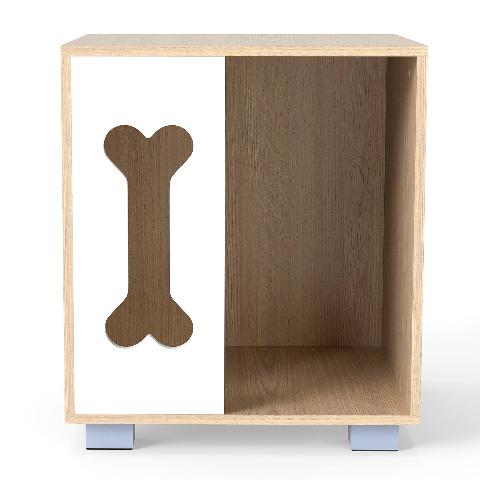 Cat Bed Side Table Wooden Cat Condo with Bone-shape Window and Thick Metal Legs-Natural Default Title