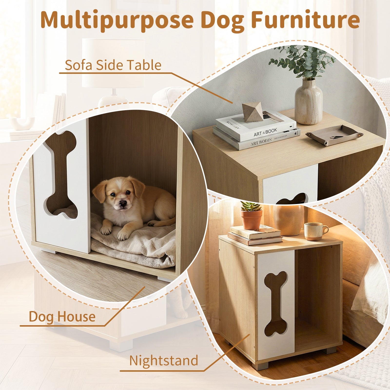 Cat Bed Side Table Wooden Cat Condo with Bone-shape Window and Thick Metal Legs-Natural