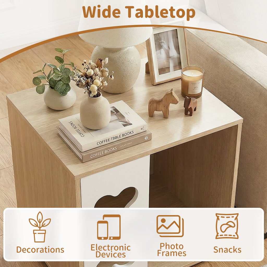 Cat Bed Side Table Wooden Cat Condo with Bone-shape Window and Thick Metal Legs-Natural