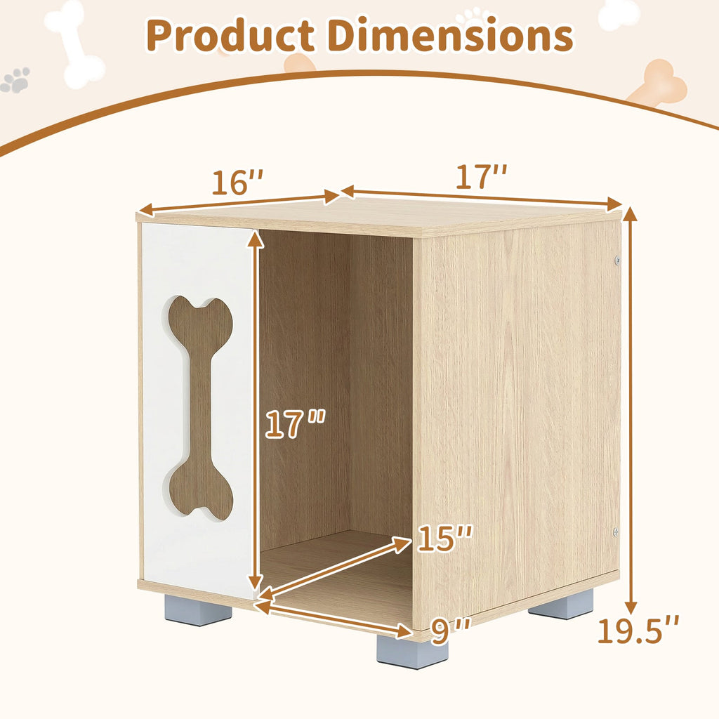 Cat Bed Side Table Wooden Cat Condo with Bone-shape Window and Thick Metal Legs-Natural