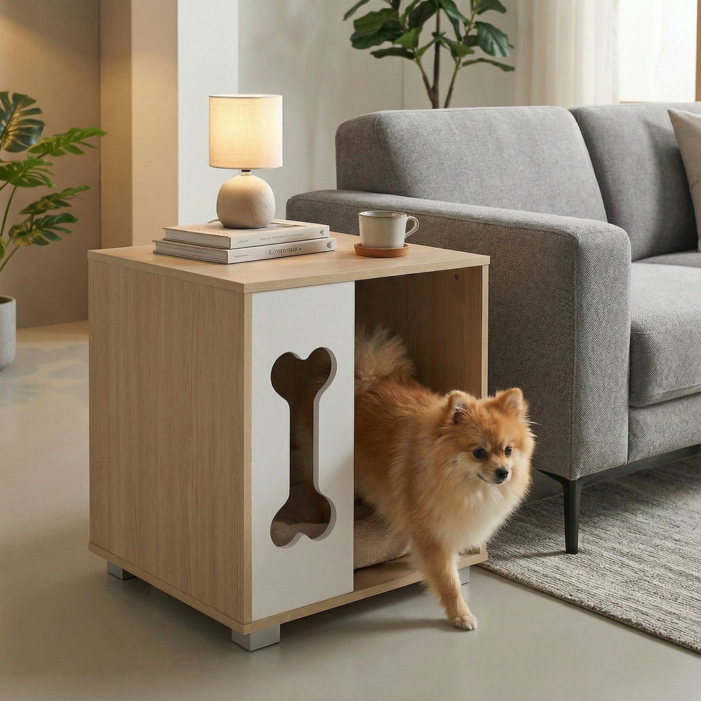 Cat Bed Side Table Wooden Cat Condo with Bone-shape Window and Thick Metal Legs-Natural