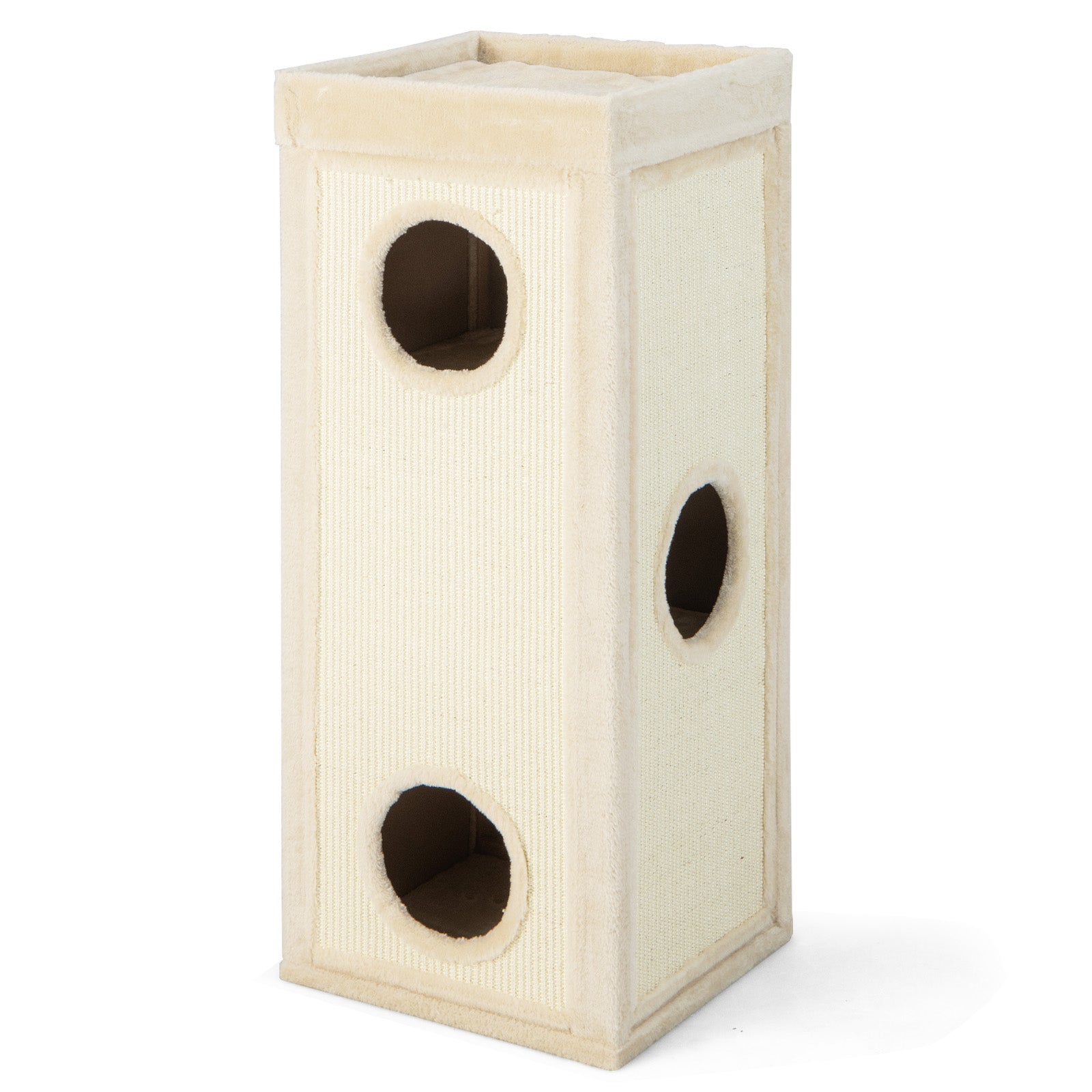 39 Inch Tall Cat Condo with Scratching Posts and 3 Hideaways and 4 Soft Plush Cushions Natural