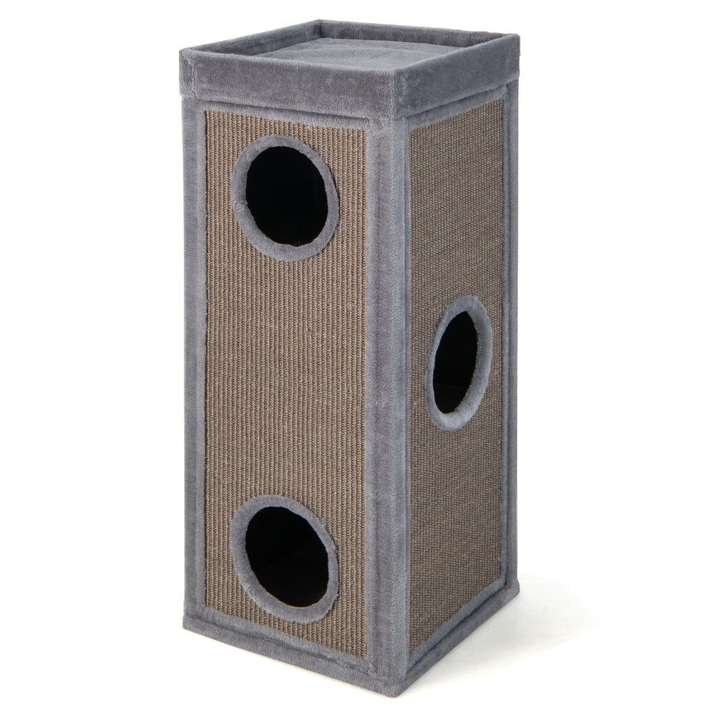 39 Inch Tall Cat Condo with Scratching Posts and 3 Hideaways and 4 Soft Plush Cushions Gray
