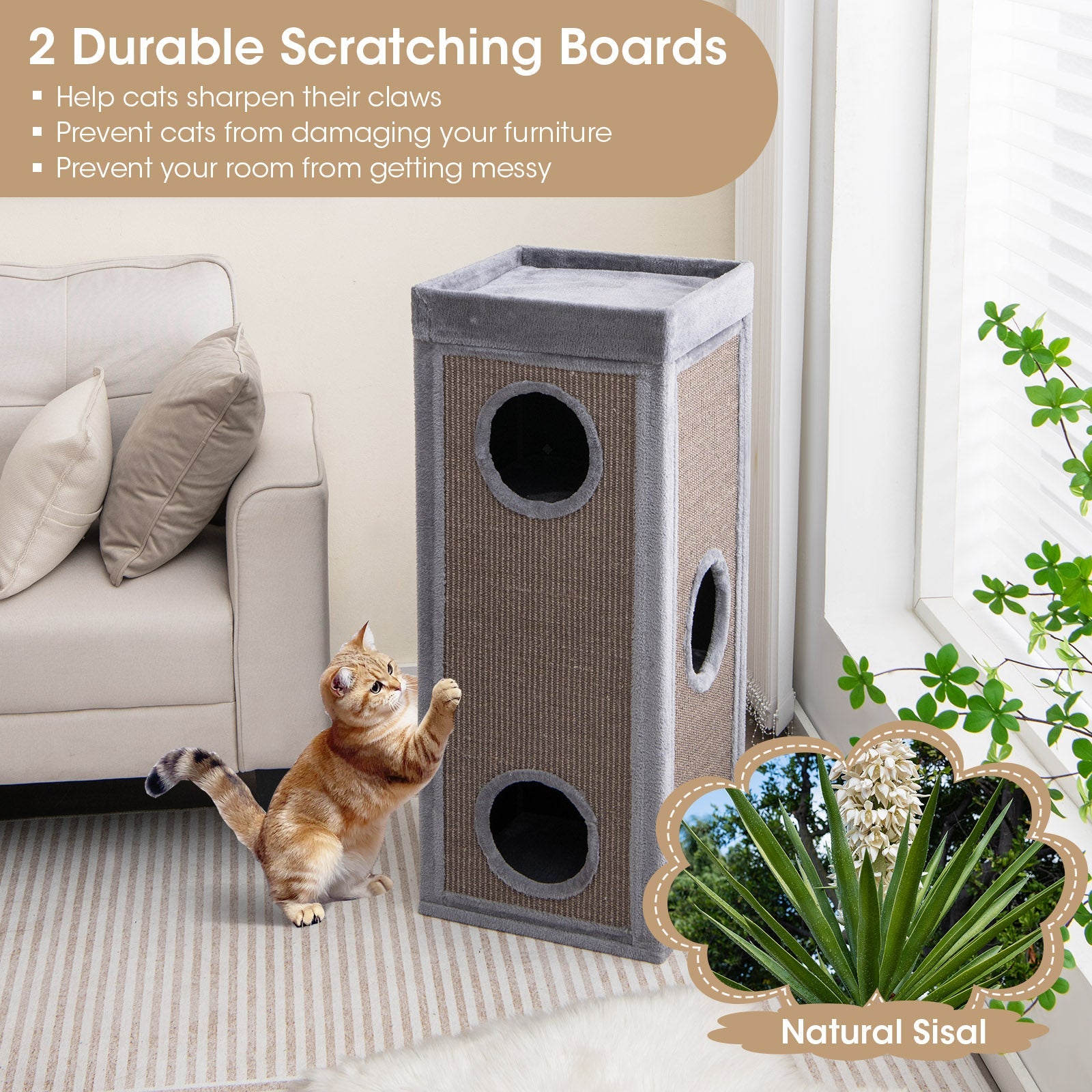 39 Inch Tall Cat Condo with Scratching Posts and 3 Hideaways and 4 Soft Plush Cushions