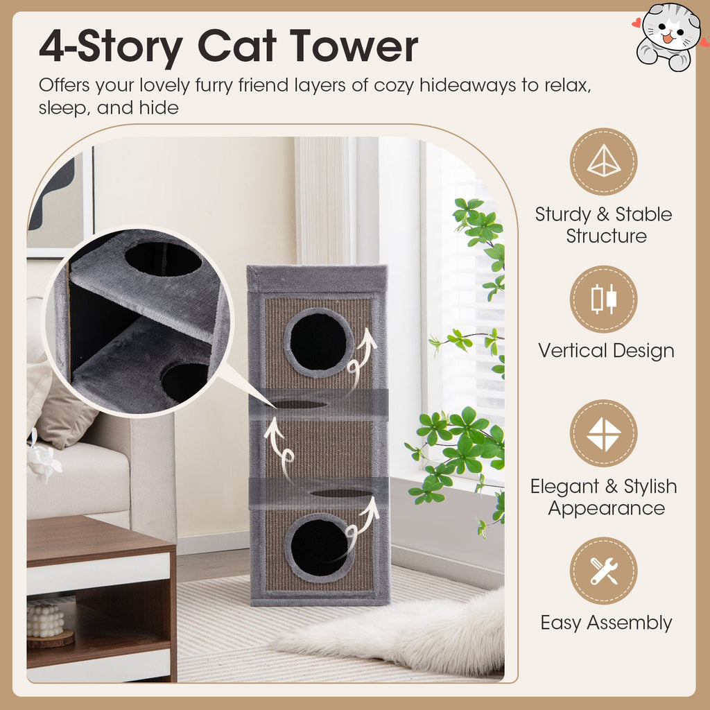 39 Inch Tall Cat Condo with Scratching Posts and 3 Hideaways and 4 Soft Plush Cushions