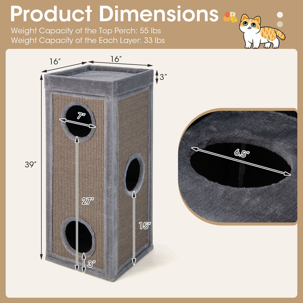39 Inch Tall Cat Condo with Scratching Posts and 3 Hideaways and 4 Soft Plush Cushions