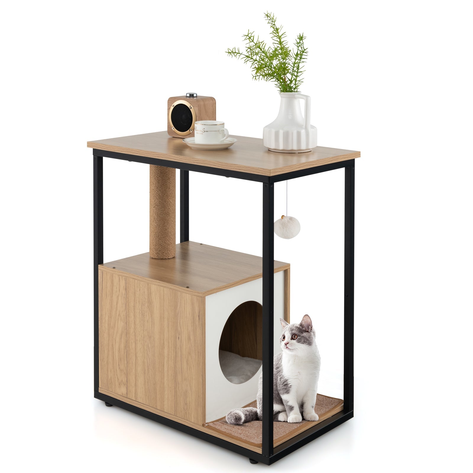 Cat Furniture End Table Cat House with Scratching Post Natural