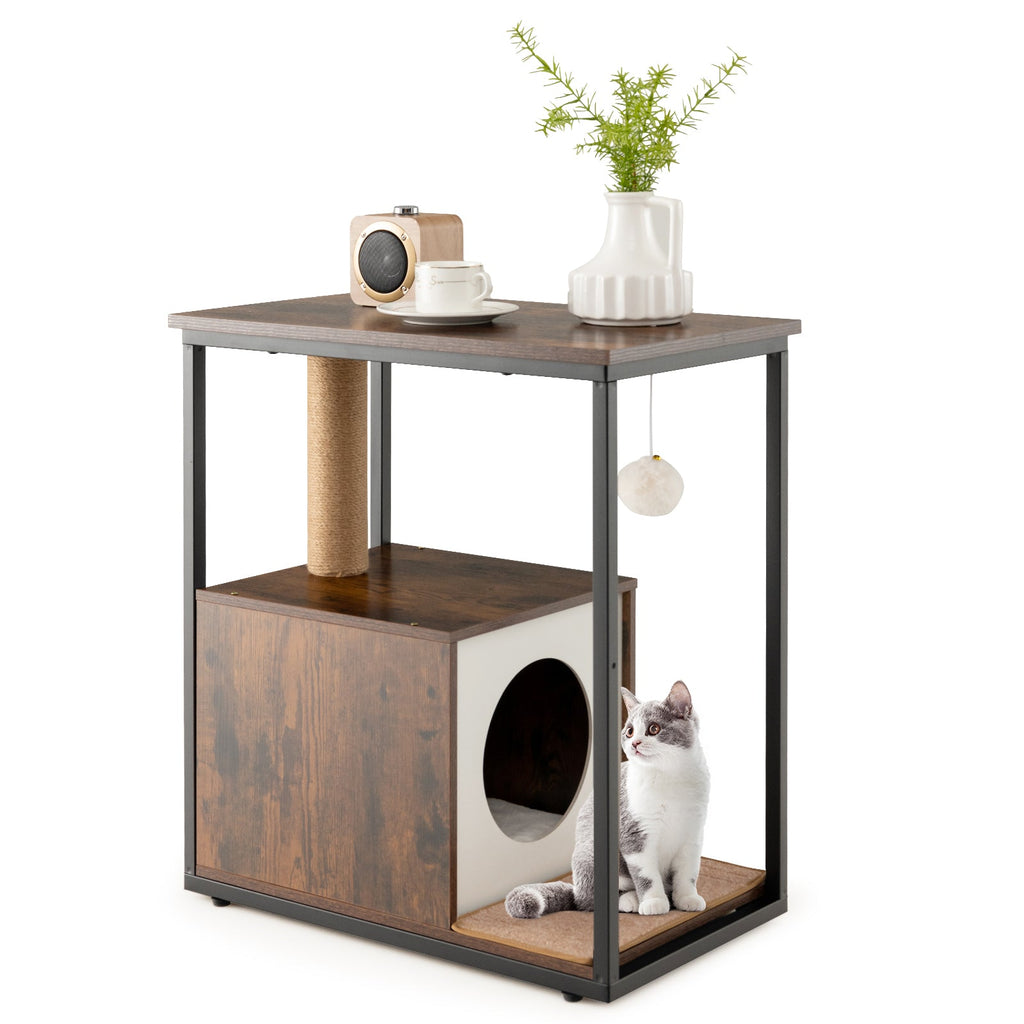 Cat Furniture End Table Cat House with Scratching Post Rustic Brown