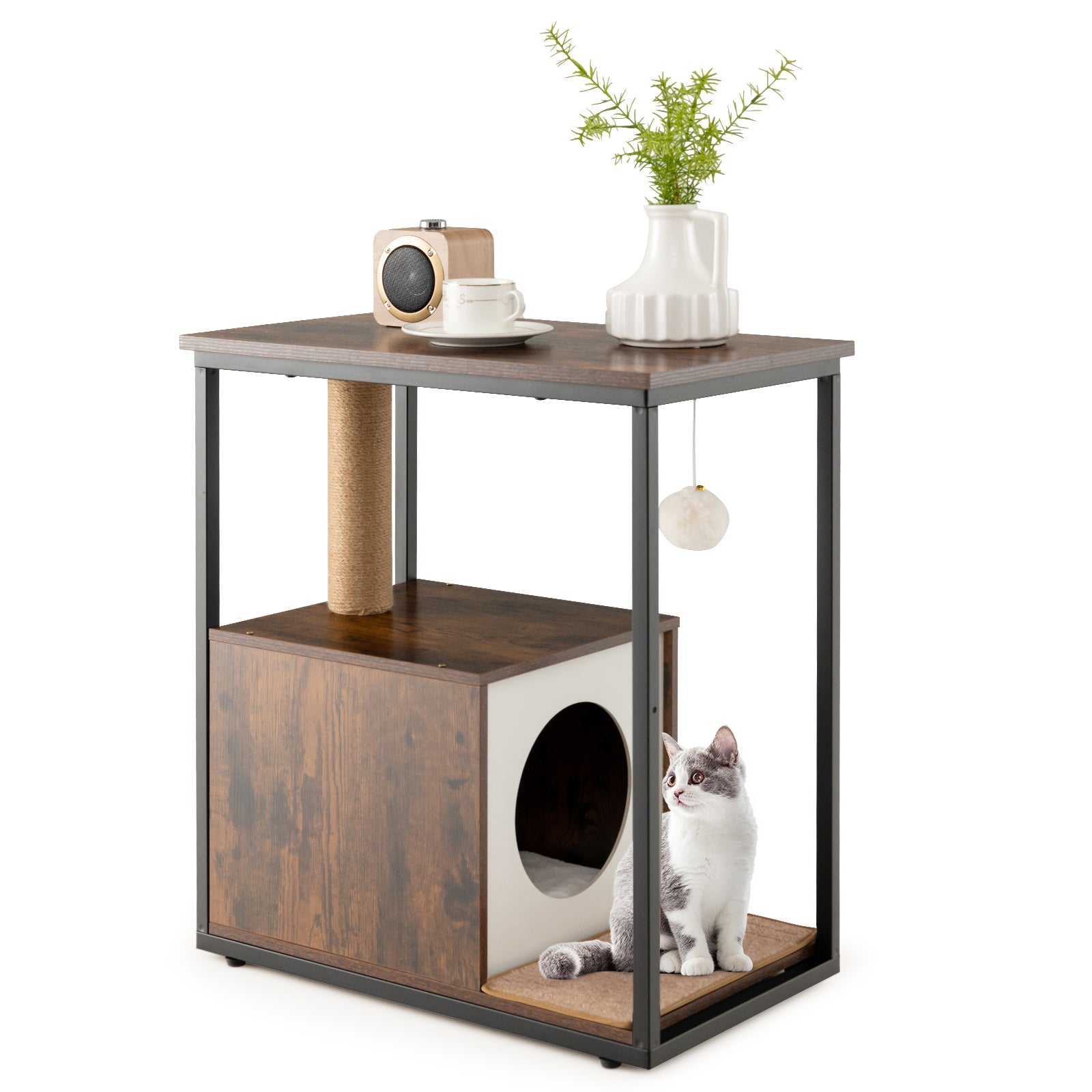 Cat Furniture End Table Cat House with Scratching Post Rustic Brown