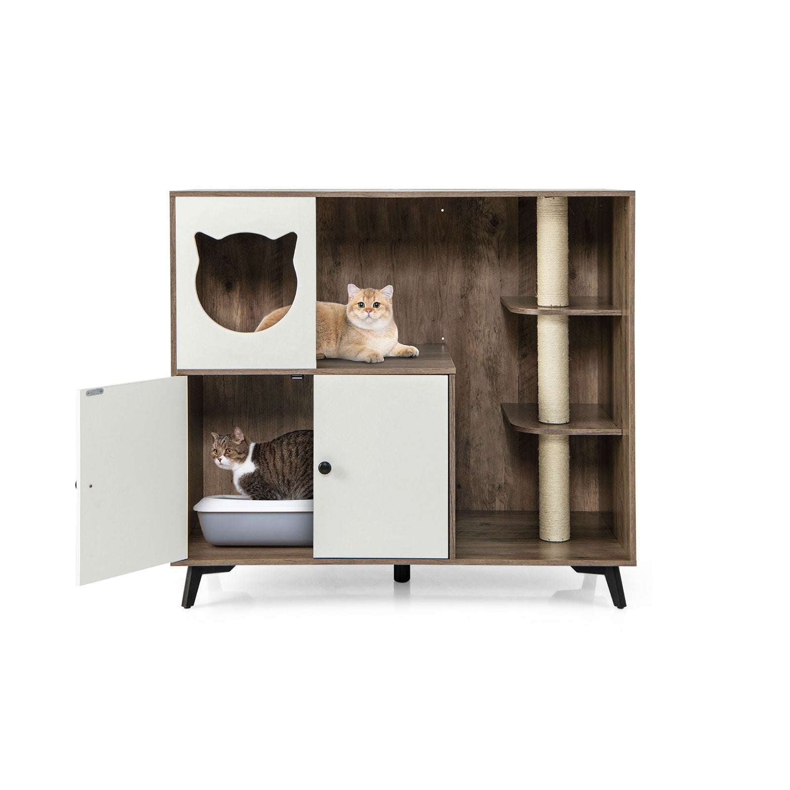 Cat Litter Box Enclosure with Scratching Posts and Platform
