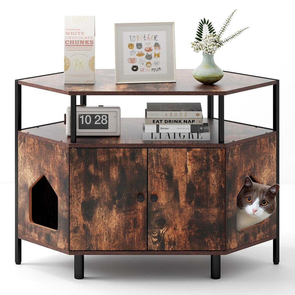 Corner Cat Litter Box Enclosure with Open Shelf 2 Entrances and Metal Legs Rustic Brown