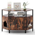 Corner Cat Litter Box Enclosure with Open Shelf 2 Entrances and Metal Legs Rustic Brown